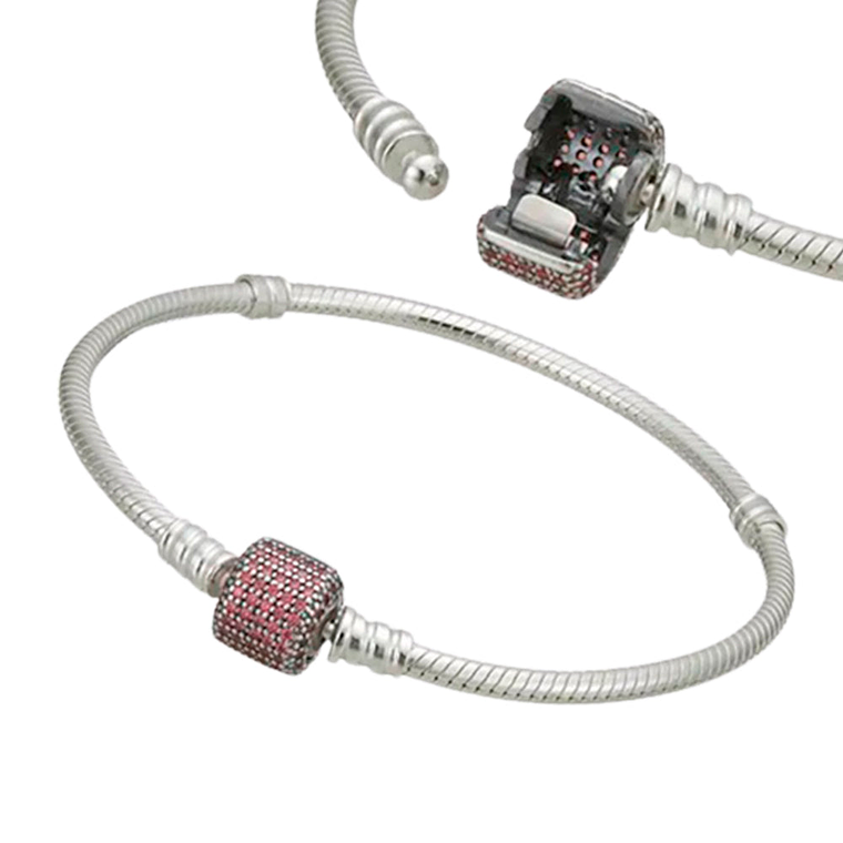 Pulsera Brazalete Pandora Cierre con Detalles en Circonitas Rosadas 590723CZS Plata 925 Talla 18cm 2