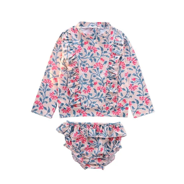 Traje de Baño de dos piezas con bordes en Pliegues Color Blanco Para Niñas de 3 - 8 Años 1