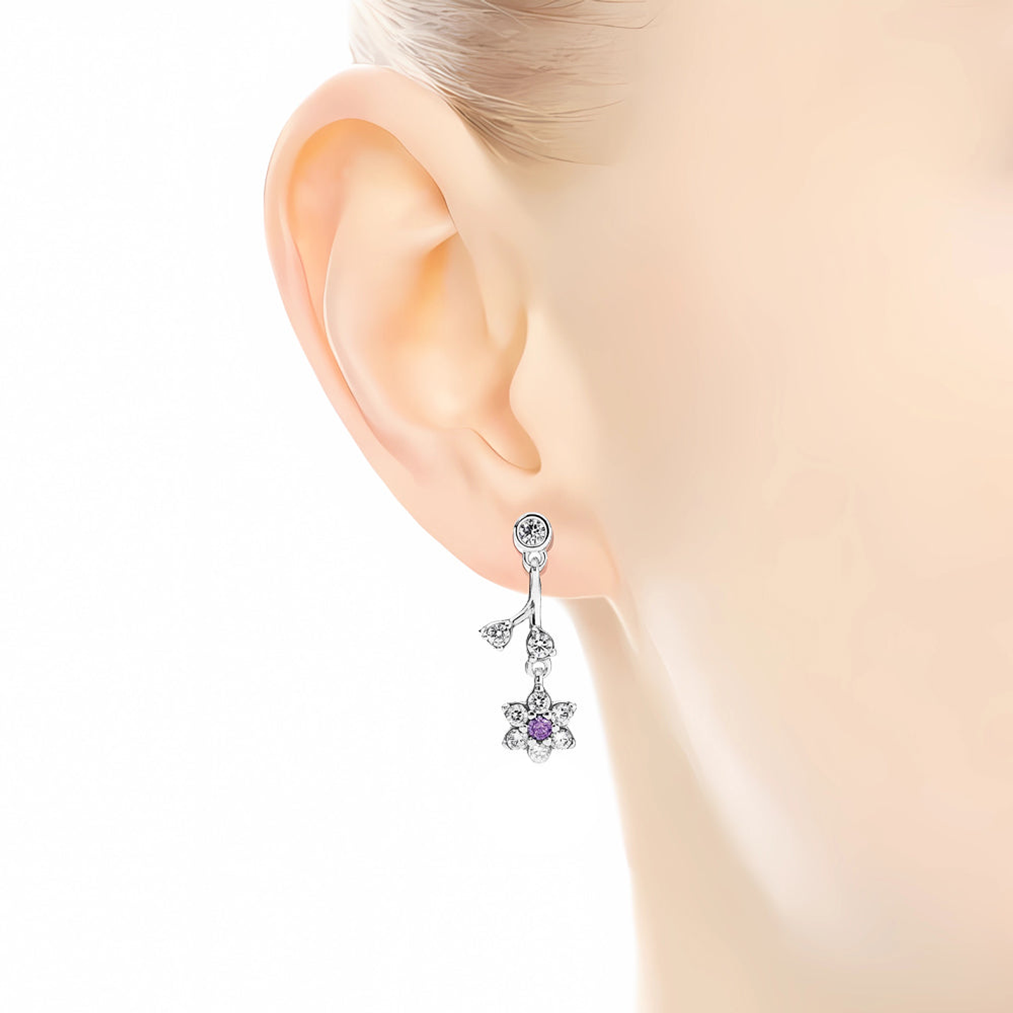 Aretes Pendientes Pandora Flor Amatista No me Olvides 290691ACZ Plata 925 5