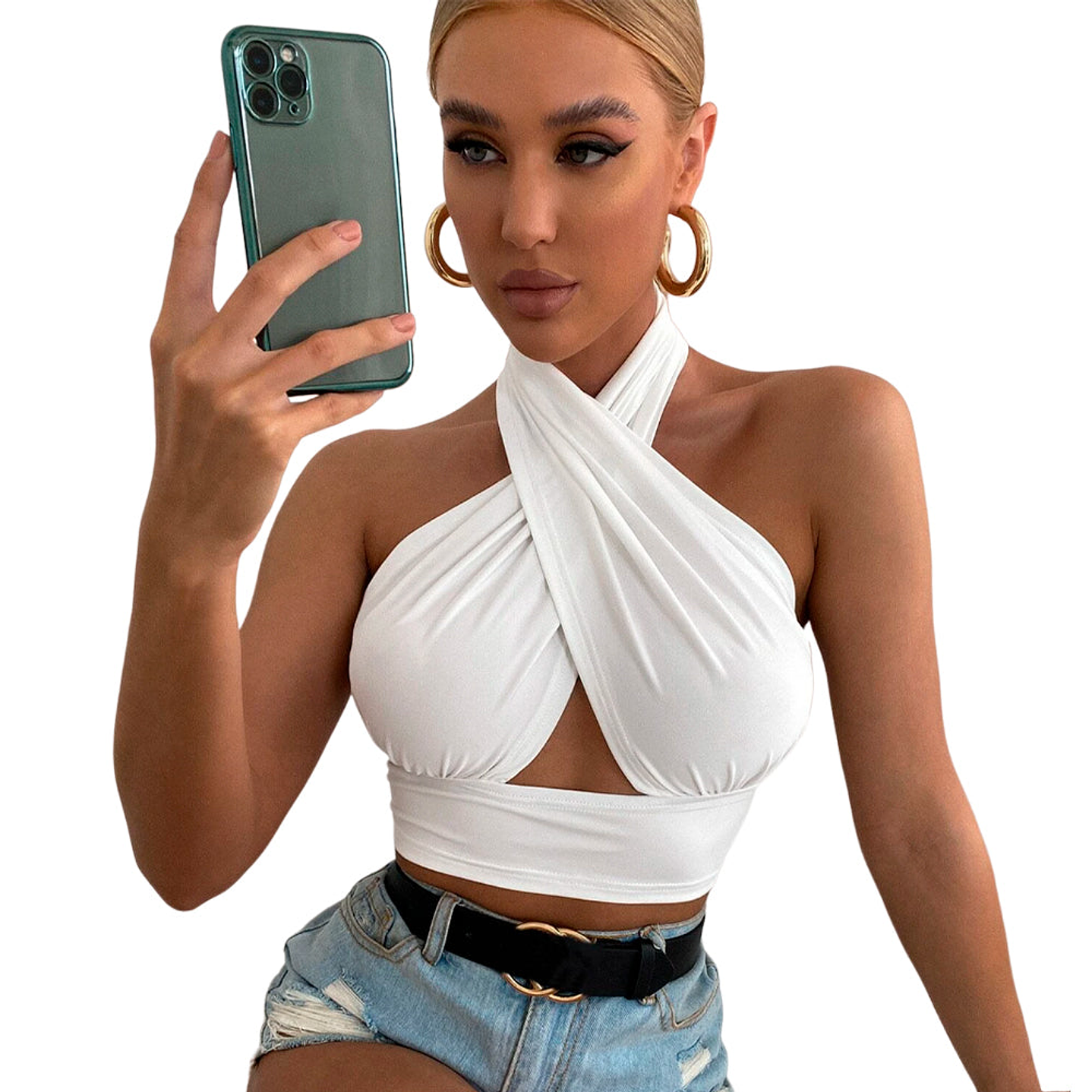 Top Halter Shein corto Cruzado Color Blanco Talla S 1