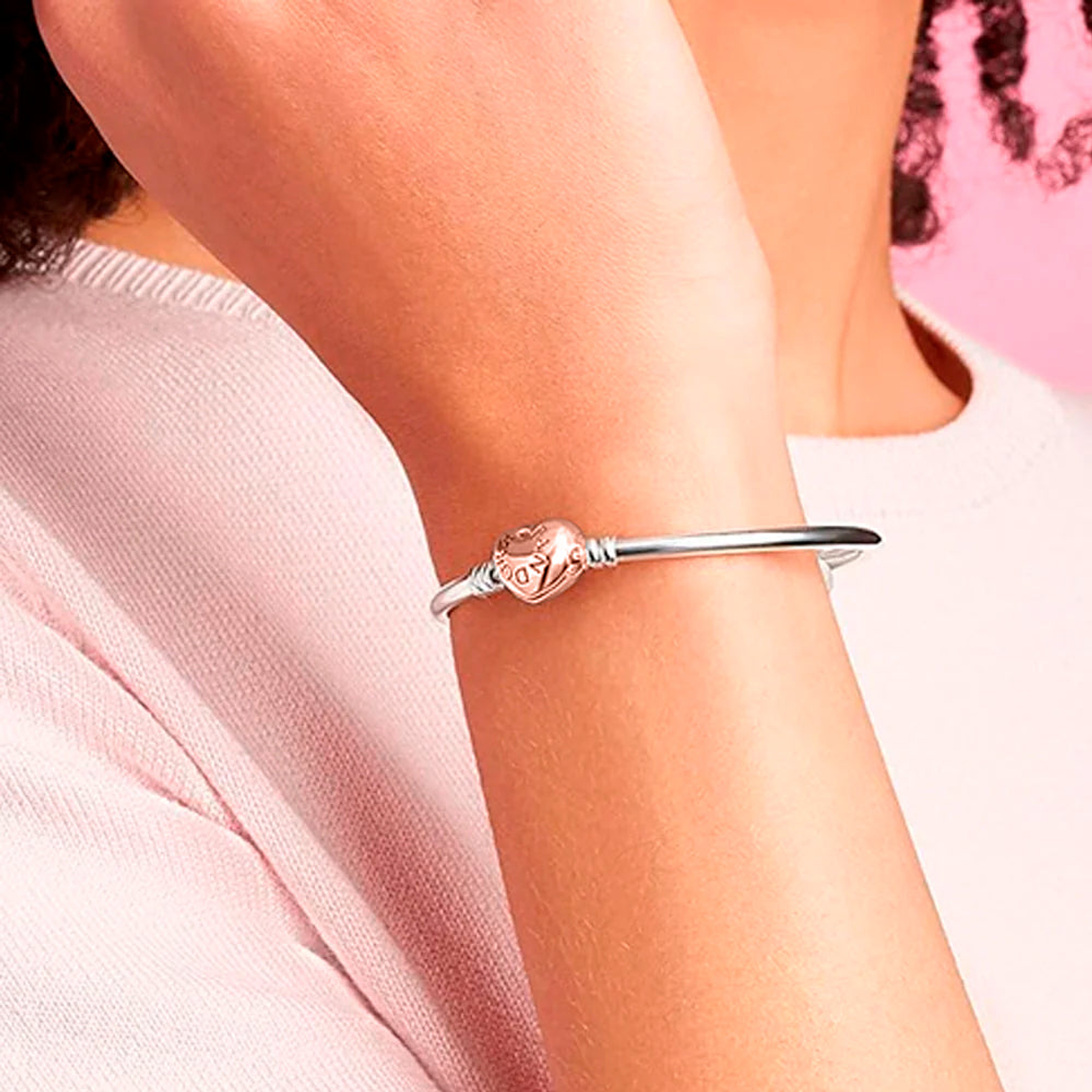 Pulsera Brazalete Pandora Cierre Corazón Rosa con Logo Pandora 586268 Plata 925 Talla 18cm 5