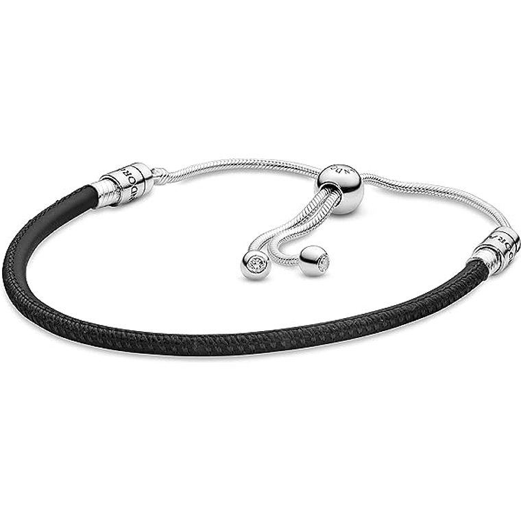 Pulsera Brazalete Pandora en Cuero Negro y Cierre Ajustable Plateado 597225CBK Plata 925 Talla 18cm 2
