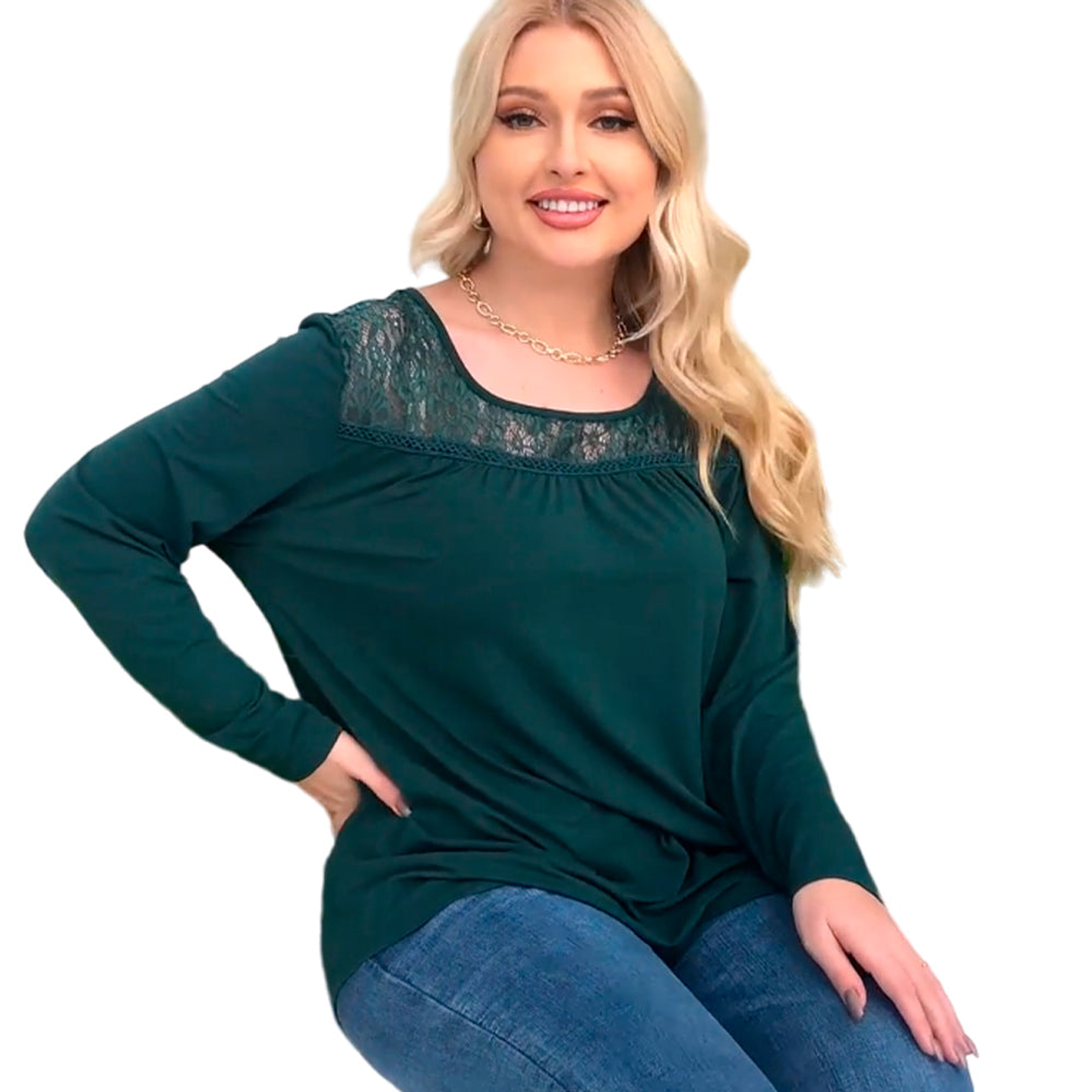 Blusa Manga Larga Zyfmaily Color Verde Oscuro Para Mujer Talla 1X 3