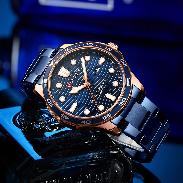 Reloj Análogo Curren Original KREd6803 para Hombre Acero Color Azul y Dorado 5