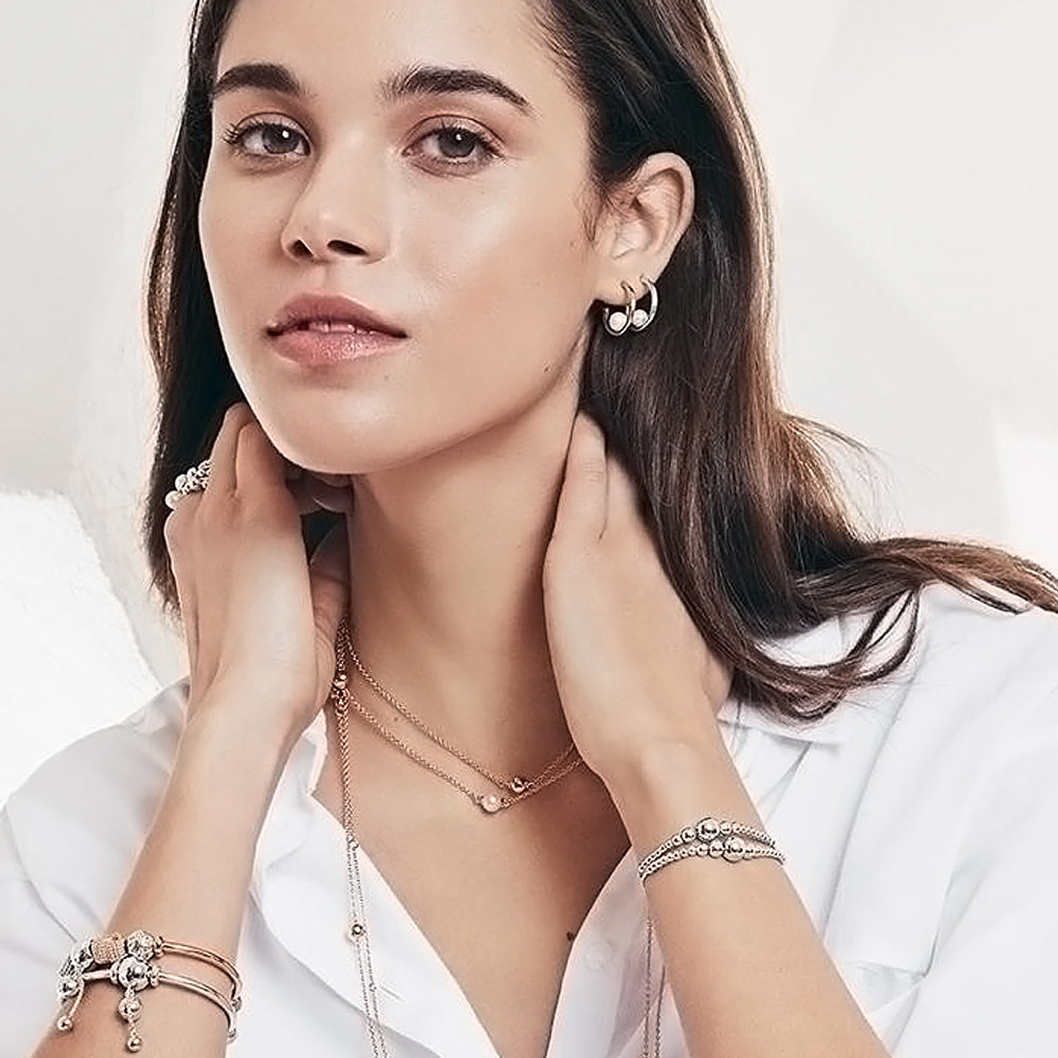 Aretes Pendientes Pandora Rose Aro de Perlas con Circonita 297528P Plata 925 5