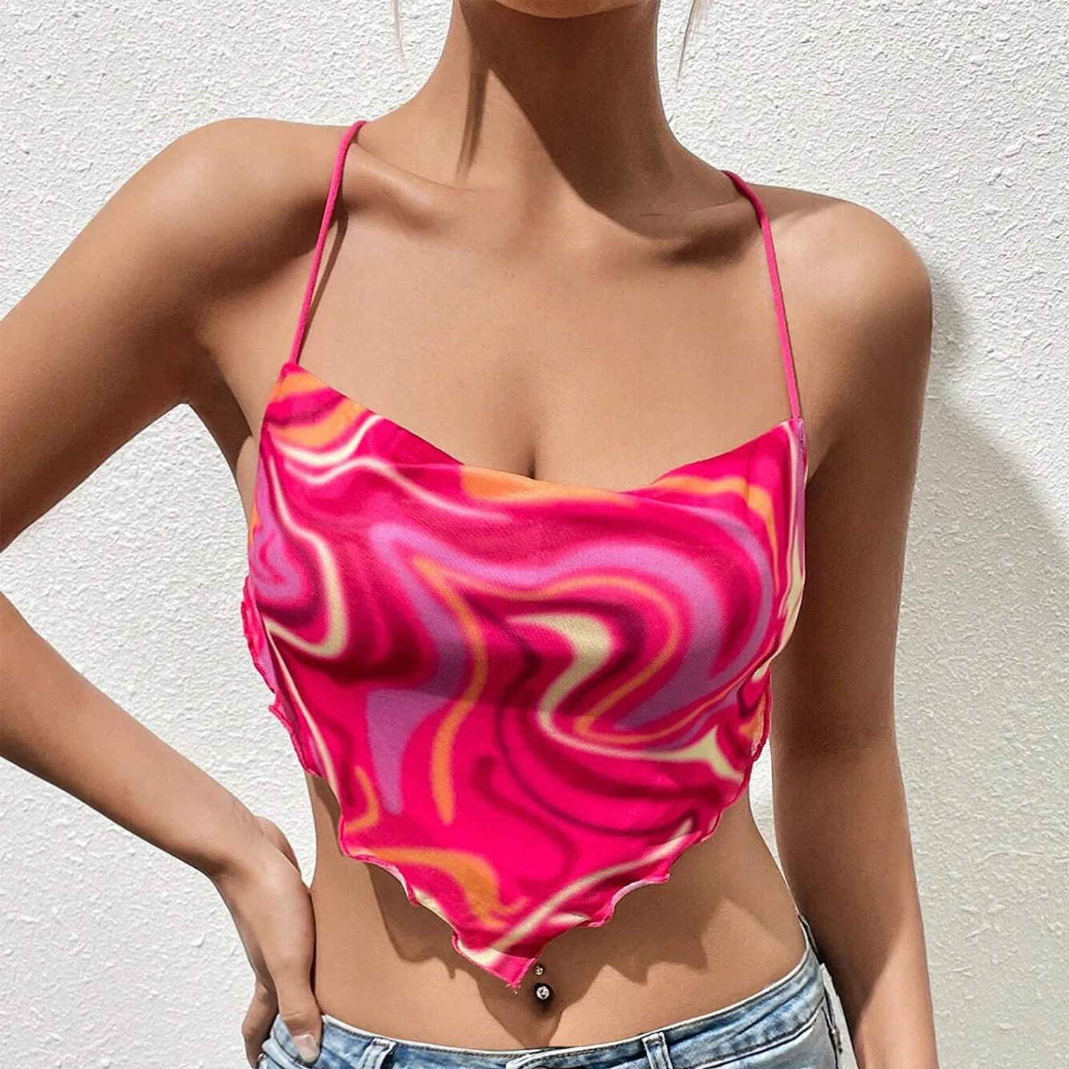 Top de Tirantes con estampado espalda abierta y cordón bajo Color Beige Talla S 4