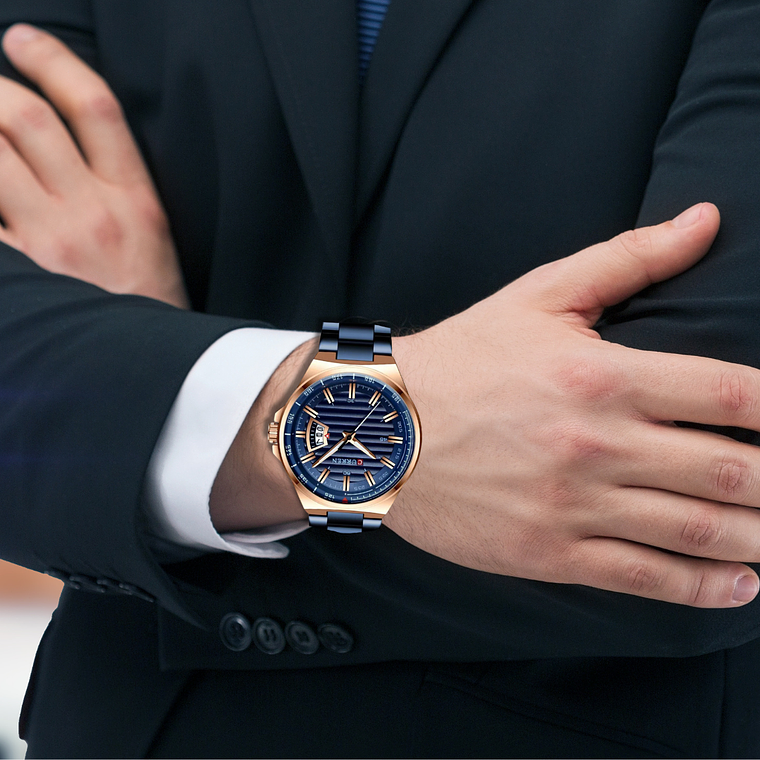 Reloj Análogo Curren Original KREd012003 para Hombre Acero Color Azul y Dorado 4