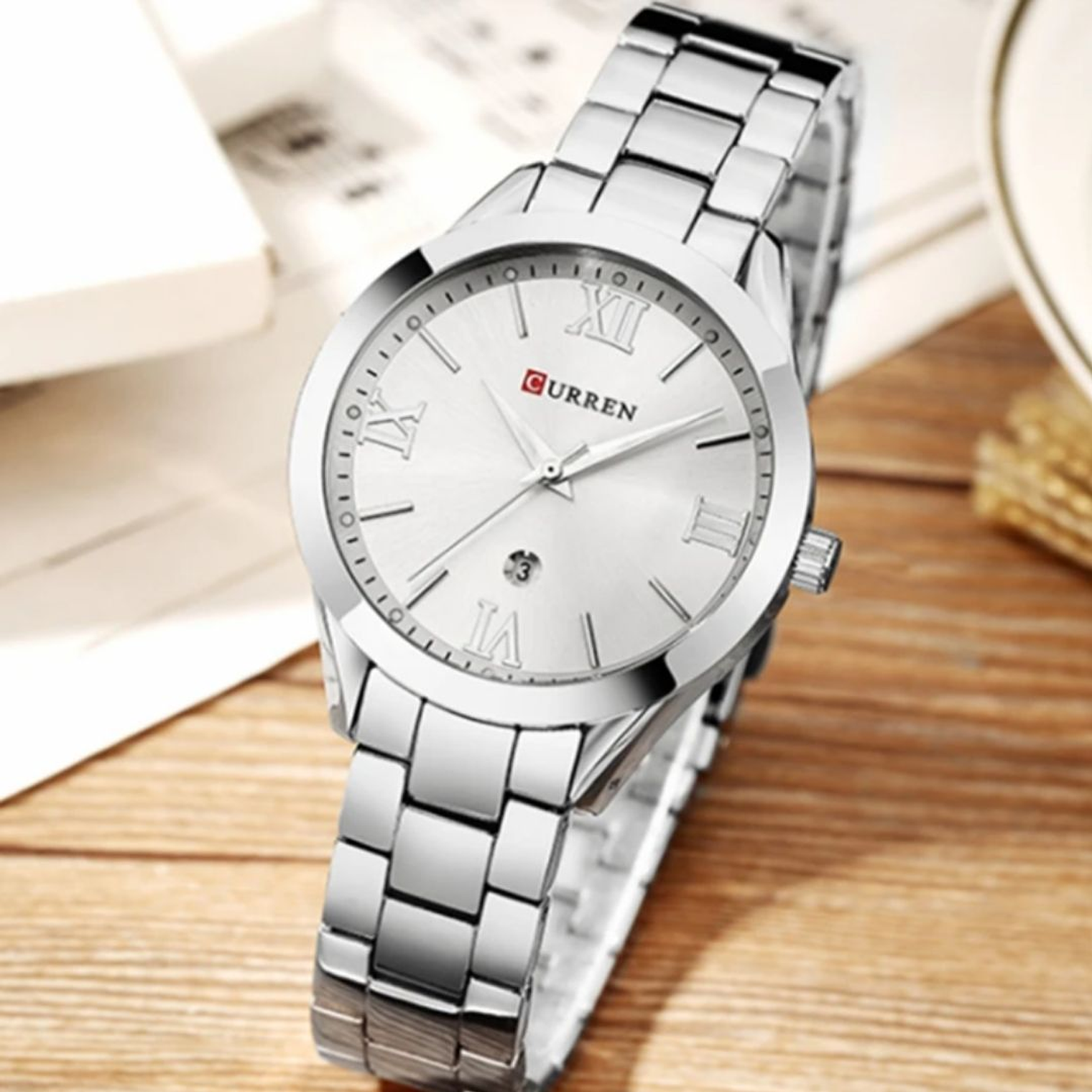 Reloj Análogo Curren Original KREb6319 para Mujer Acero Color Plateado 5