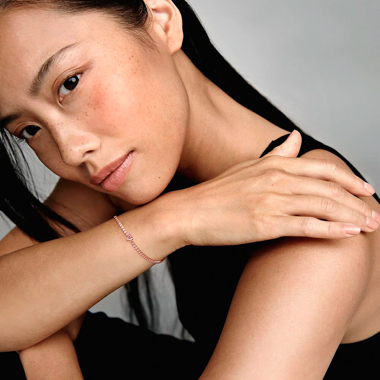 Pulsera Brazalete Pandora Tenis con Corazón Brillante 580041C01 en Oro Rosa 14K Plata 925 Talla 18cm 5