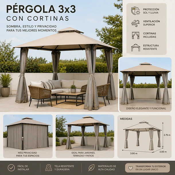 Pérgola Romana 3x3 con cortinas| impermeable | NG Home