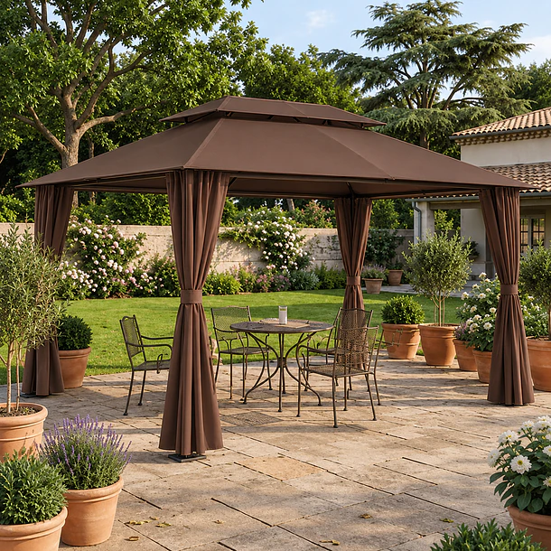 PREVENTA - Pérgola Romana 3x4 Metros con Cortinas Impermeable | Café| NG Home