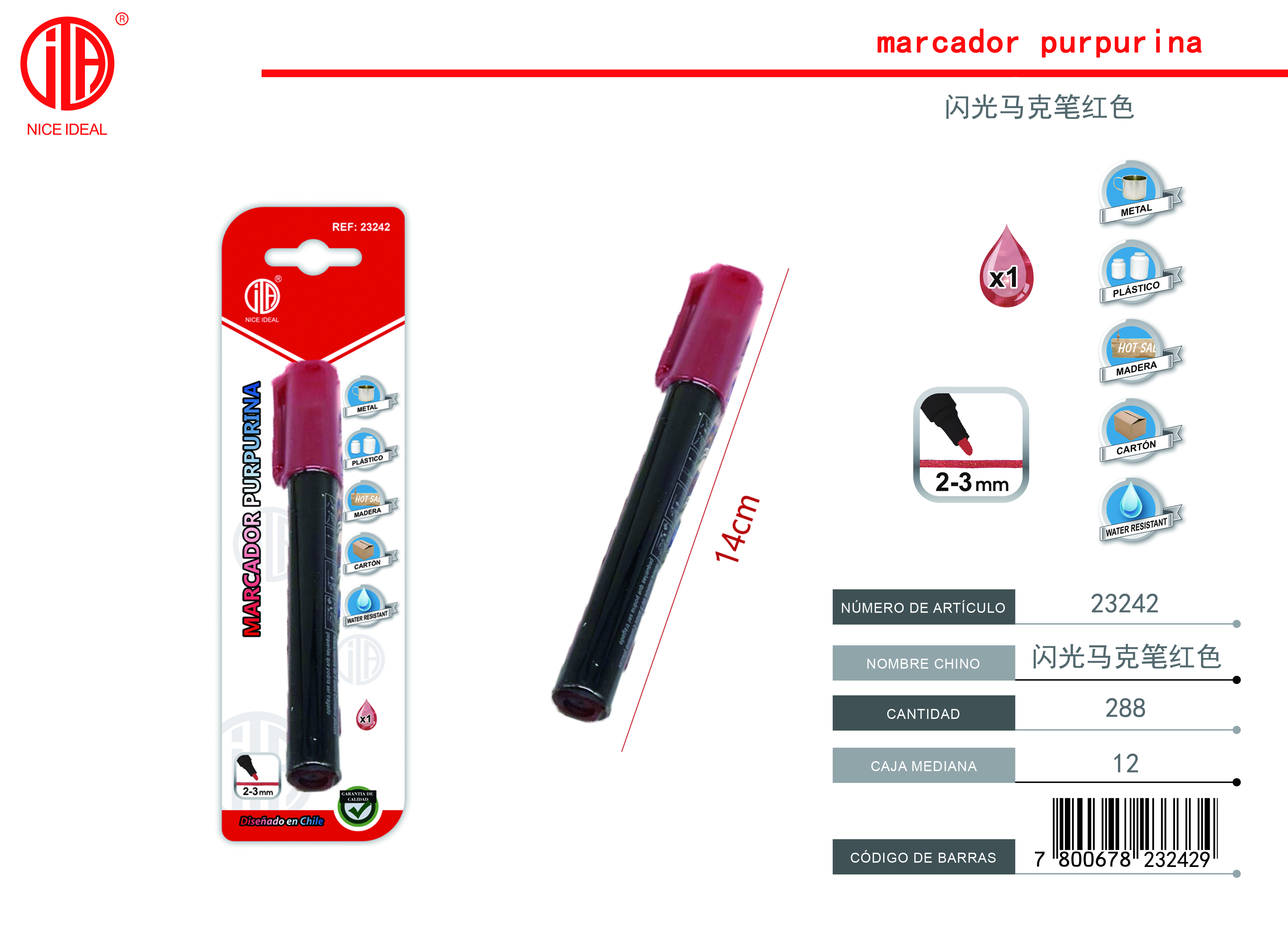 Marcadores Acrílicos con Purpurina 2-3mm (Rojo) 1