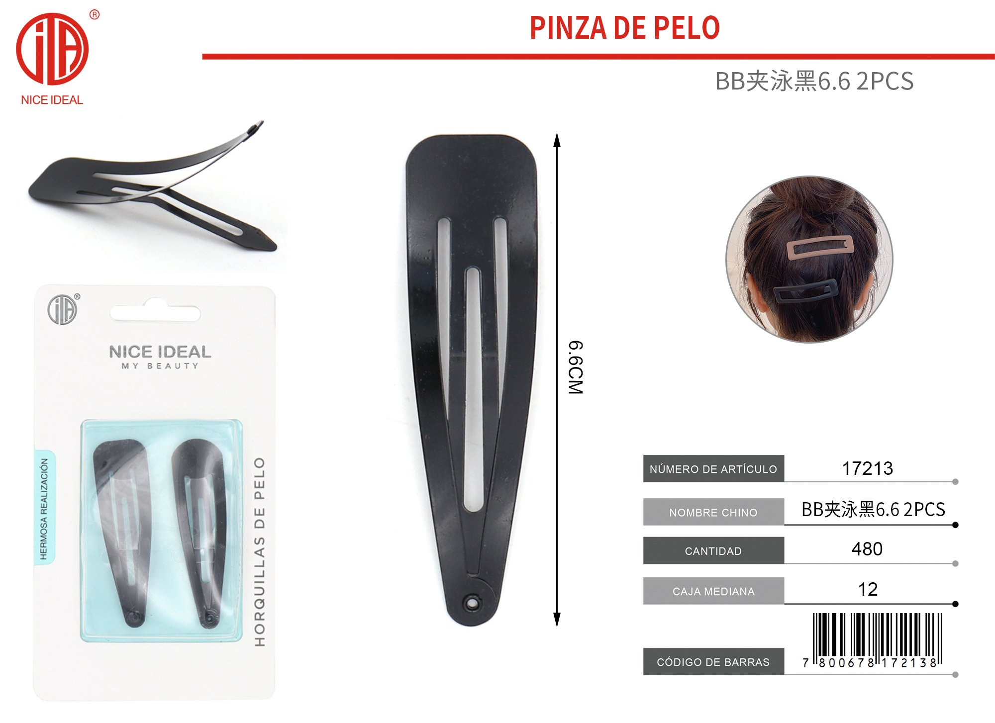 PINZA DE CABELLO/COLOR NEGRO 6.6Cm 2PCS 1