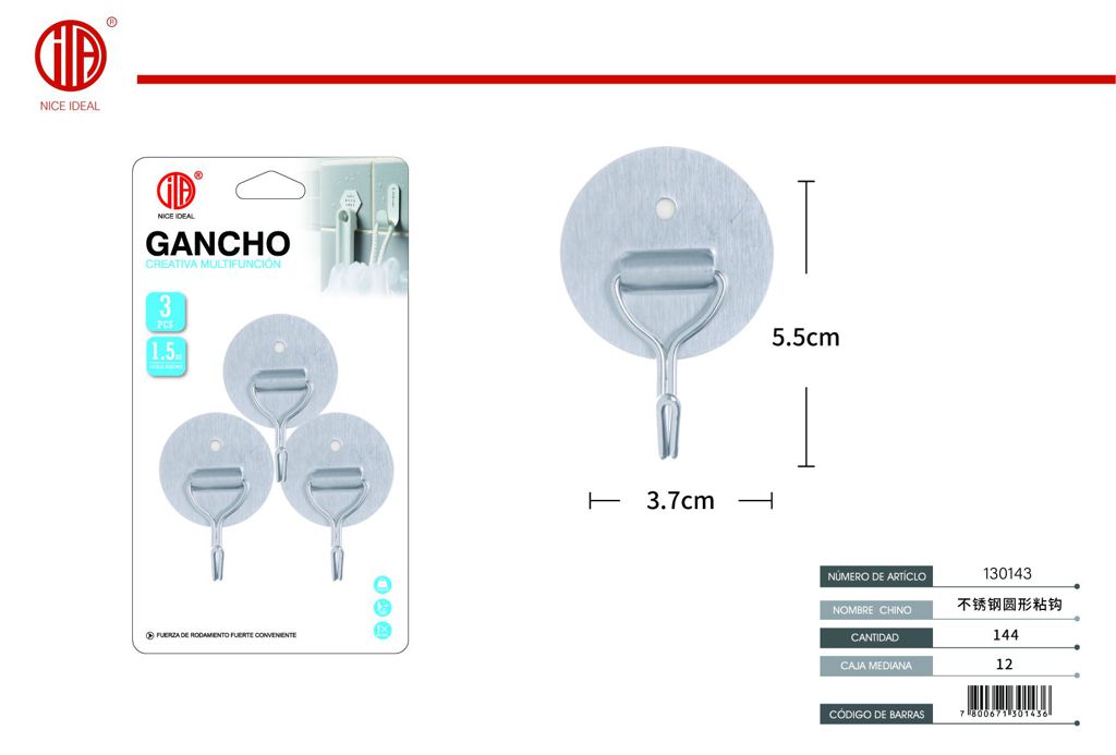 Gancho adhesivo redondo de acero inoxidable 3PCS 1