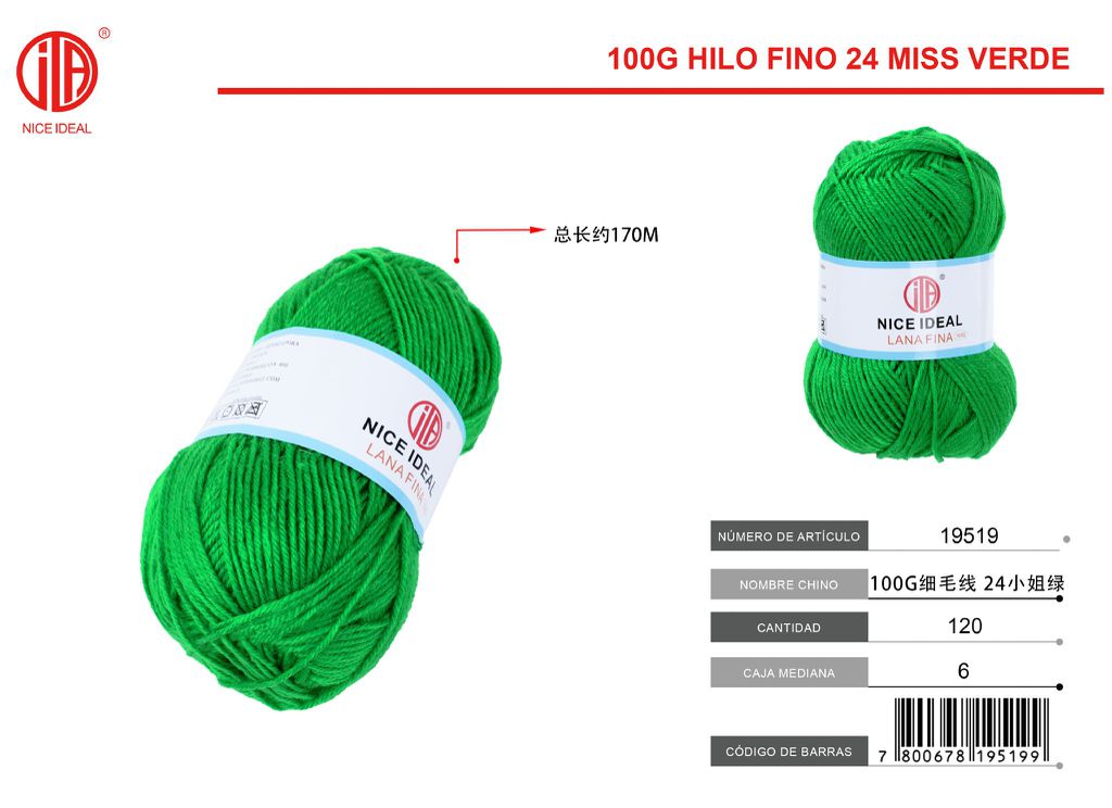 Hilo de lana fina 100g 24 Miss Green 1