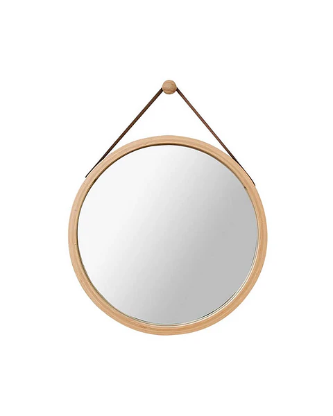 Espejo Circular Pared 35 cm Madera Con Correa