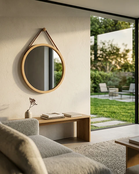 Espejo Circular Pared 35 cm Madera Con Correa