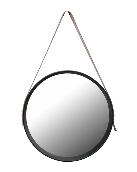 Espejo Circular Pared 40 cm  Negro Con Correa