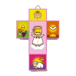 Cruz 3D Primeira comunhão- anjo da guarda rosa c/símbolos
