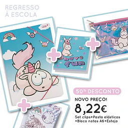 Regresso à Escola_ Pack 18 (Capa de elásticos A4 Theodor 43559 + Bloco notas A6 Theodor 45068 + Clips formato unicórnio 45070+ Estojo plano Theodor 43546)