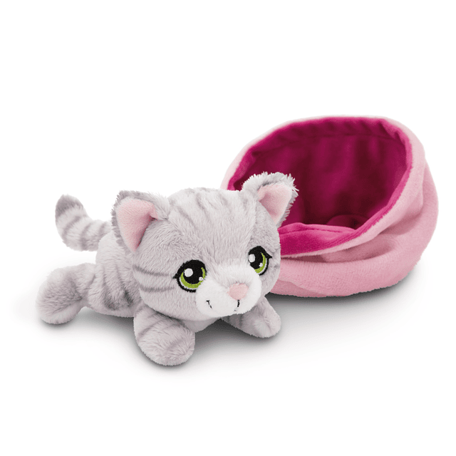 LITTEL PAWS -Gato cinzento listado em cesto, 12cm