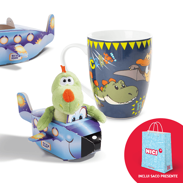 Conjunto: Caneca 310ml, com embalagem (48822) + Dinossauro 15 cm, em em caixa avião(45002) + saco de papel médio (NICI_SACO_2)