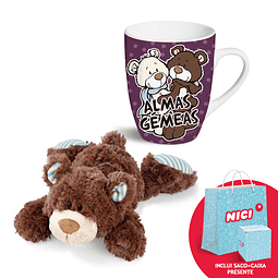 Conjunto: Peluche Deitado 20cm, Urso Castanho (38154) + Caneca "Almas gémeas!" (33497) + saco de papel grande (NICI_SACO_3) + caixa para caneca (NICI_CAIXA)