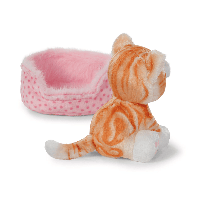 Little Paws | Gato laranja listado em cesto rosa, 12cm