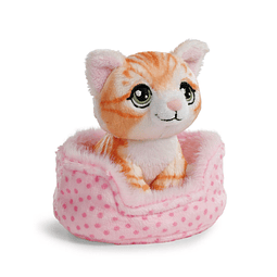 Little Paws | Gato laranja listado em cesto rosa, 12cm
