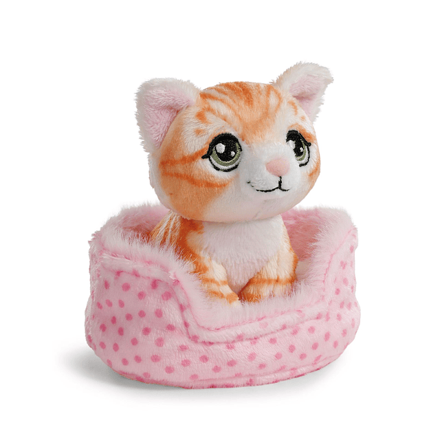 Little Paws | Gato laranja listado em cesto rosa, 12cm