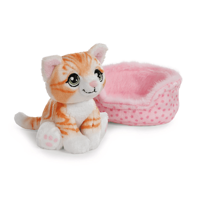 Little Paws | Gato laranja listado em cesto rosa, 12cm