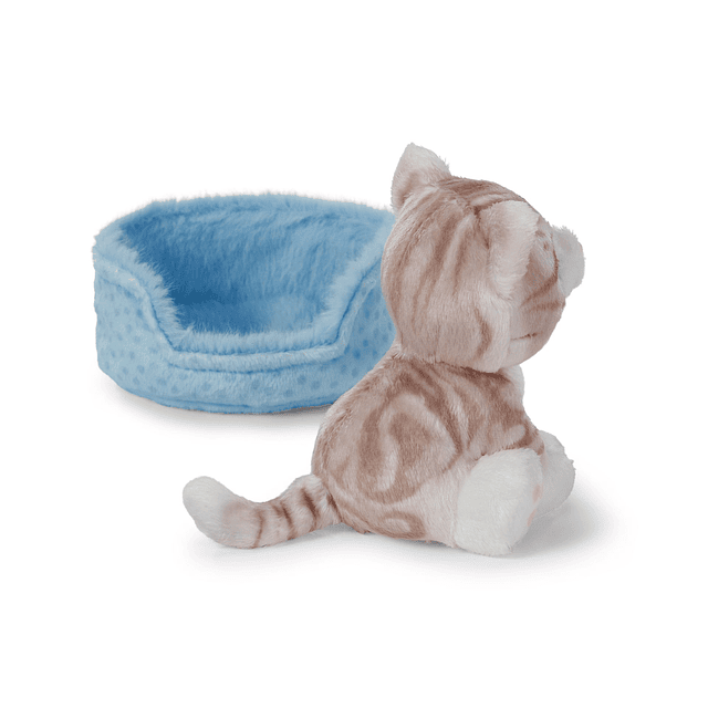 Little Paws | Gato cinza listado em cesto azul, 12cm