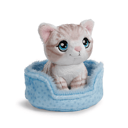 Little Paws | Gato cinza listado em cesto azul, 12cm