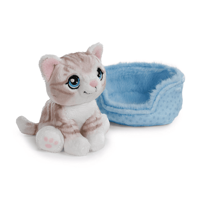 Little Paws | Gato cinza listado em cesto azul, 12cm