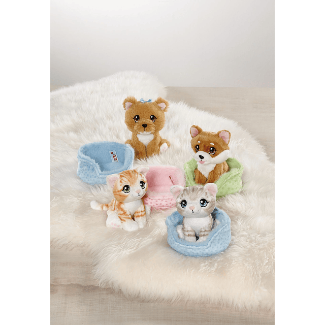 Little Paws | Gato cinza listado em cesto azul, 12cm