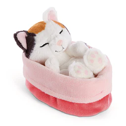 Sleeping Pets | Gato tricolor em cesto rosa claro, 12cm