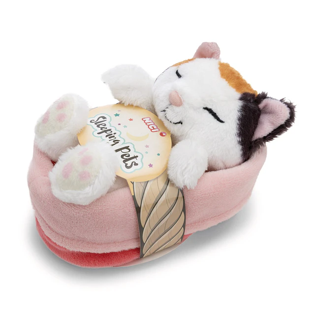 Sleeping Pets | Gato tricolor em cesto rosa claro, 12cm