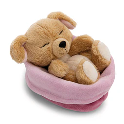 Sleeping Pets | Cão bege em cesto rosa, 12cm