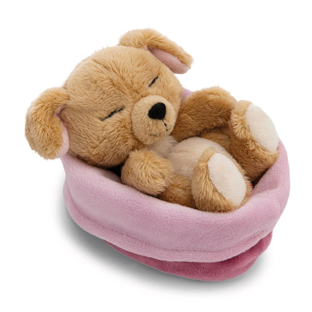 Sleeping Pets | Cão bege em cesto rosa, 12cm