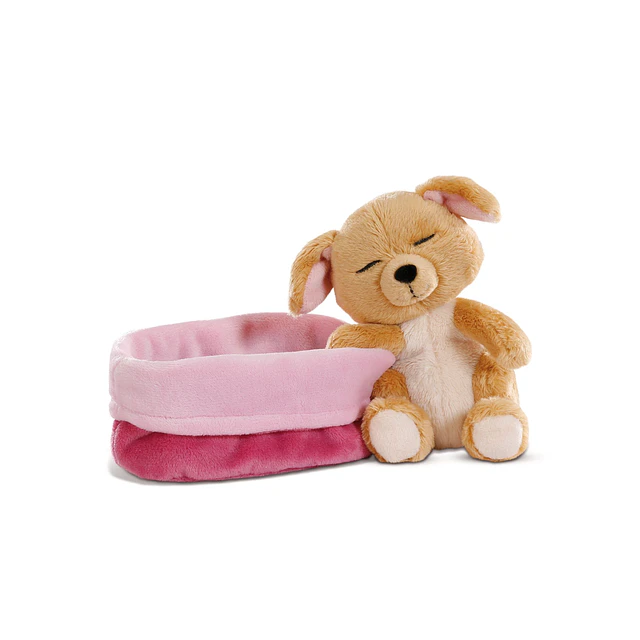 Sleeping Pets | Cão bege em cesto rosa, 12cm
