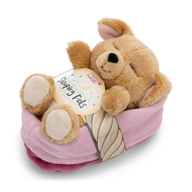 Sleeping Pets | Cão bege em cesto rosa, 12cm
