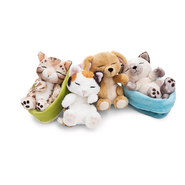 Sleeping Pets | Cão bege em cesto rosa, 12cm