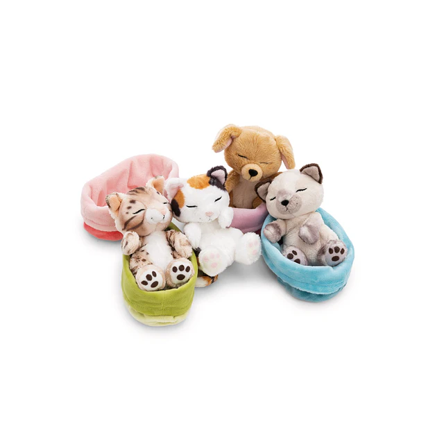 Sleeping Pets | Cão bege em cesto rosa, 12cm