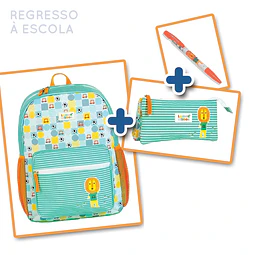 Regresso à Escola_ Pack 23 ( Mochila pequena Leão LR67388 + Estojo triangular leão LR67397 + Esferográfica Leão 11000)