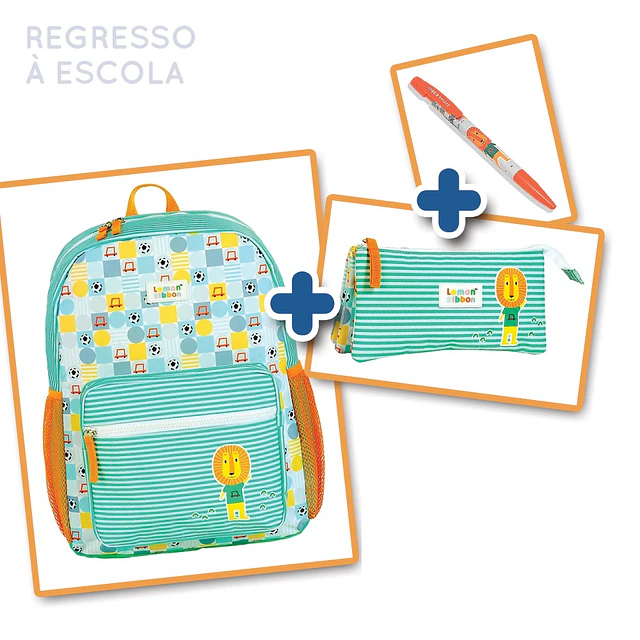 Regresso à Escola_ Pack 23 ( Mochila pequena Leão LR67388 + Estojo triangular leão LR67397 + Esferográfica Leão 11000)