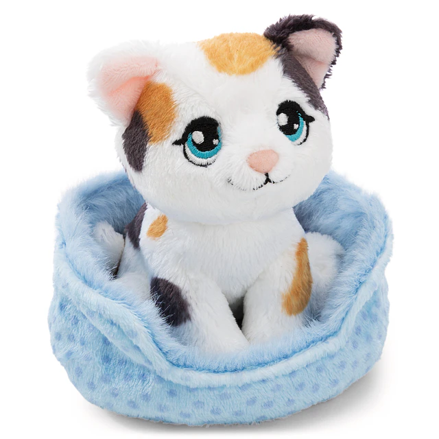 Little Paws | Gato tricolor em cesto azul, 12cm