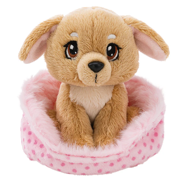 Little Paws | Cão bege em cesto rosa, 12cm