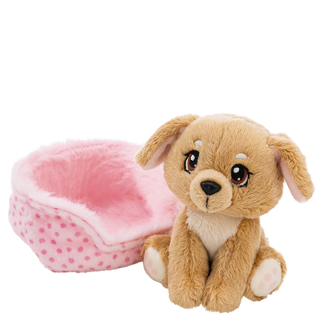 Little Paws | Cão bege em cesto rosa, 12cm