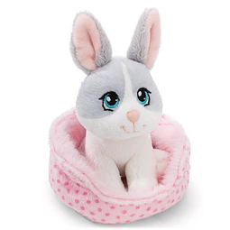 Little Paws | Coelho cinzento em cesto rosa, 12cm