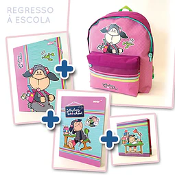Conjunto: Mochila (15002) + Pasta de elásticos (15154) + Bloco de notas magnético (15163) + Caderno A4 (15165)